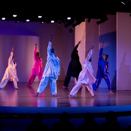 Six dancers dressed in flowing satin costumes in many bright colors, evenly-spaced, stop with their right arm raised
